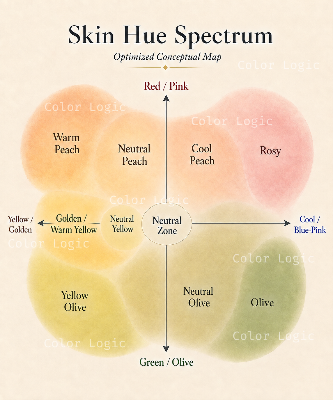 Skin Hue Shade Map showing neighbouring red, peach, yellow, olive, neutral, and rosy hue regions